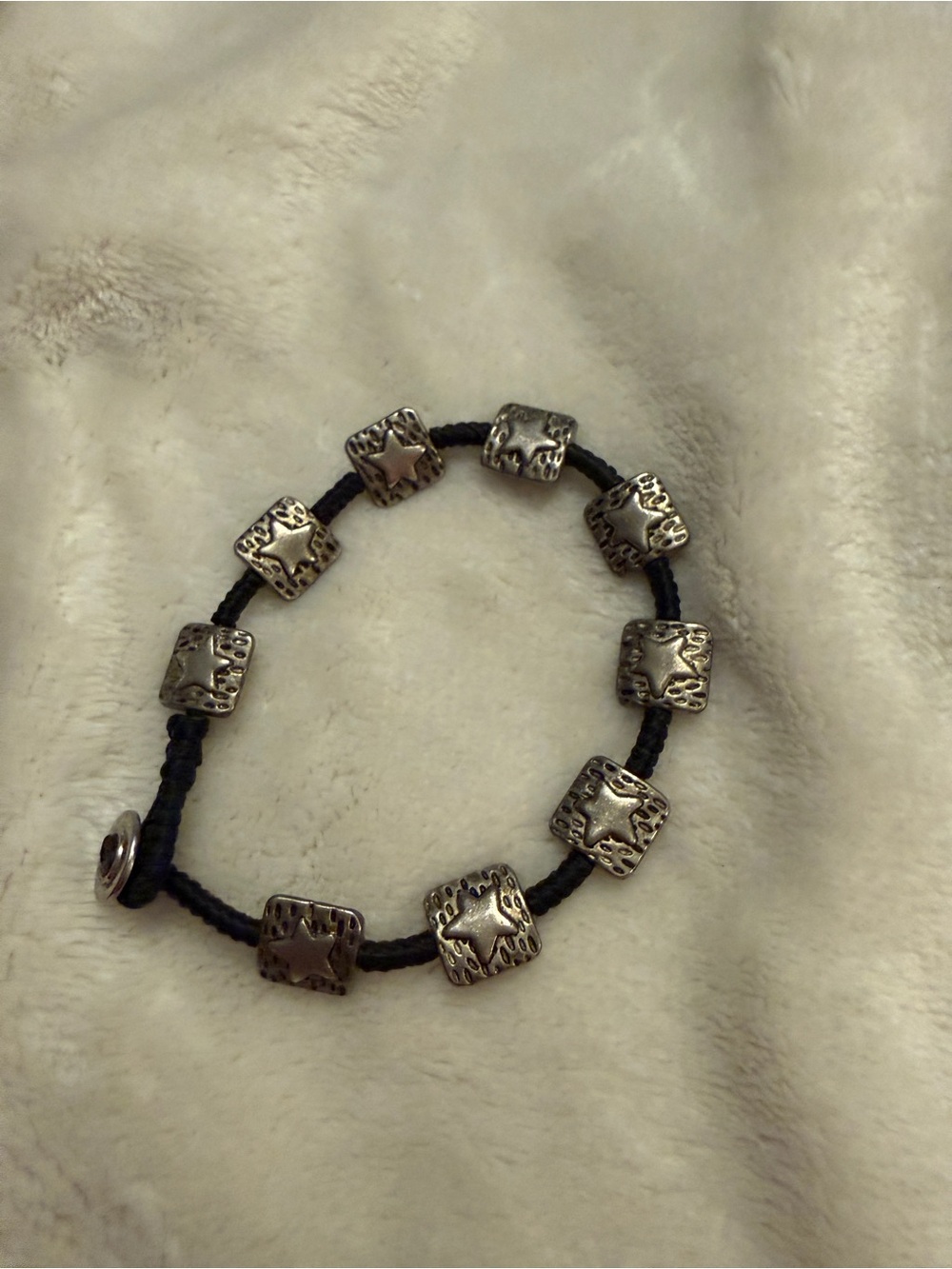 Silver-Tone Star Square Bead Bracelet on Black Cord